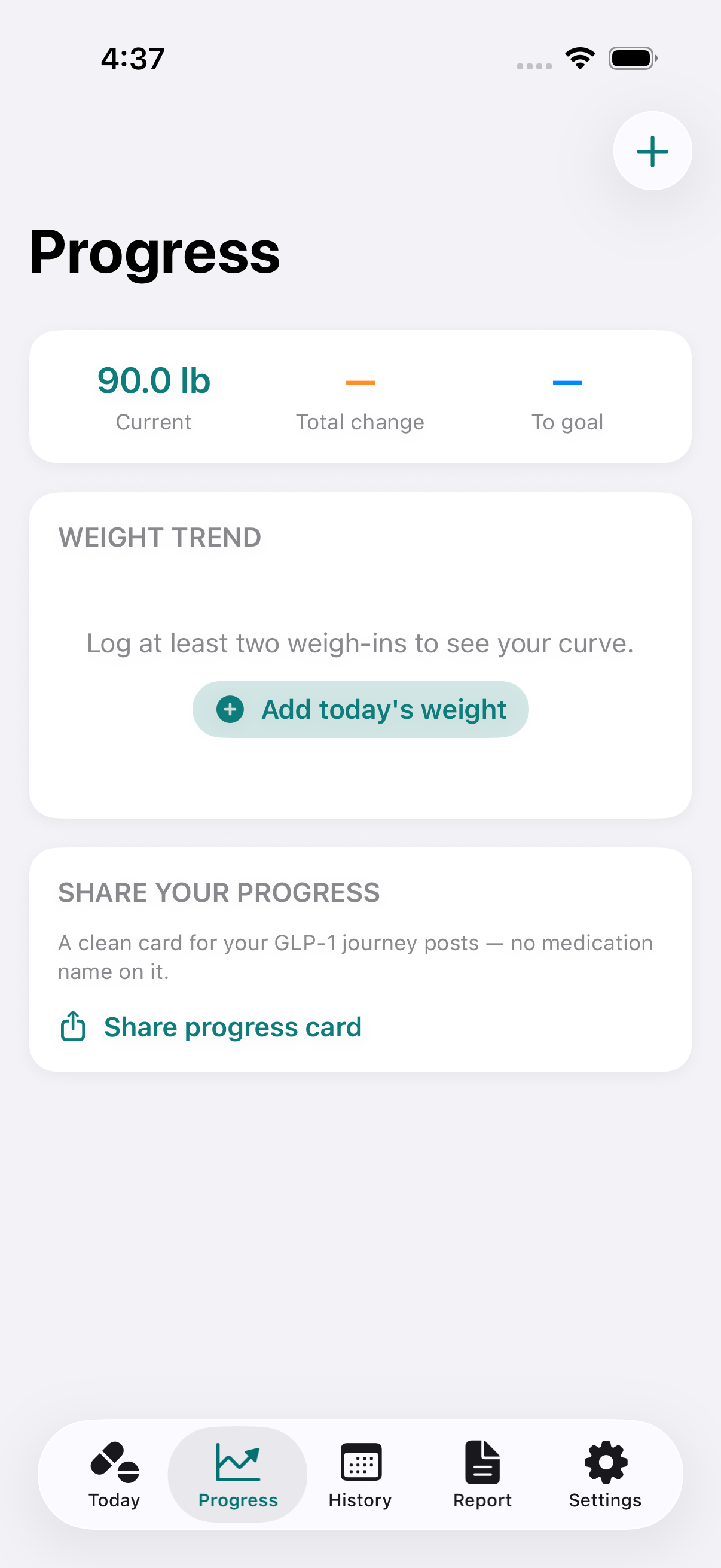 GLPill Progress screen with weight trend