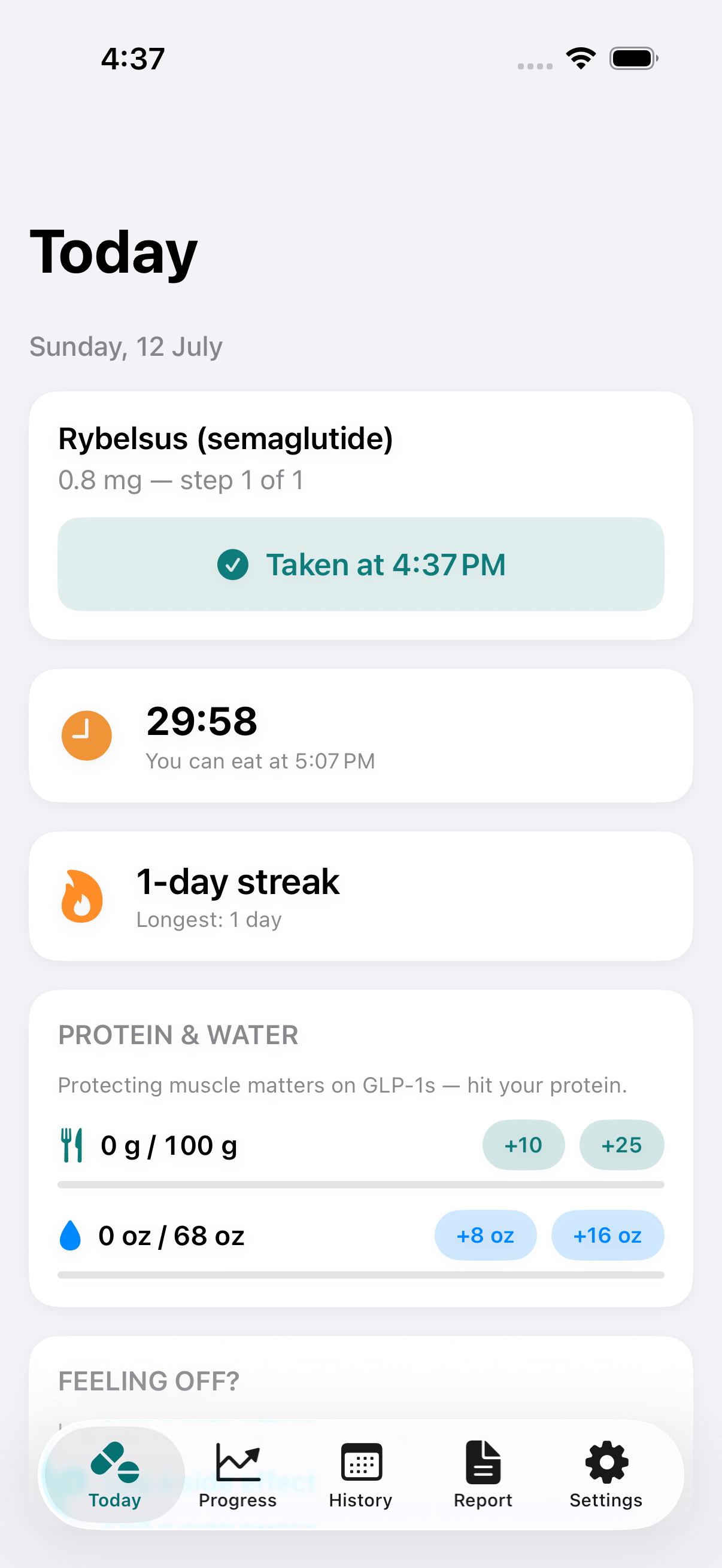 GLPill Today screen with dose logged, 30-minute timer and streak